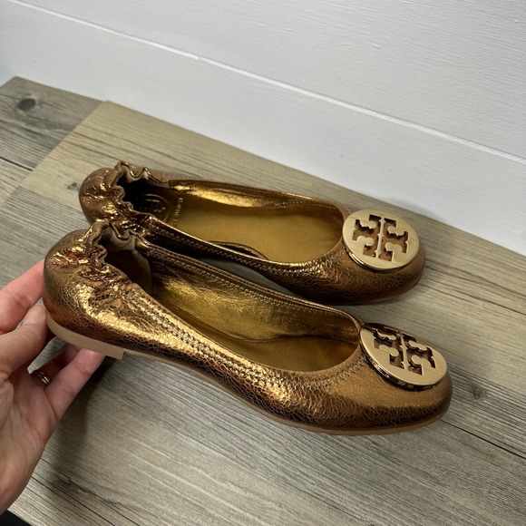 Tory Burch Reva Metallic flats ballet metal bronze shoes leather medallion 5.5 - Picture 5 of 9